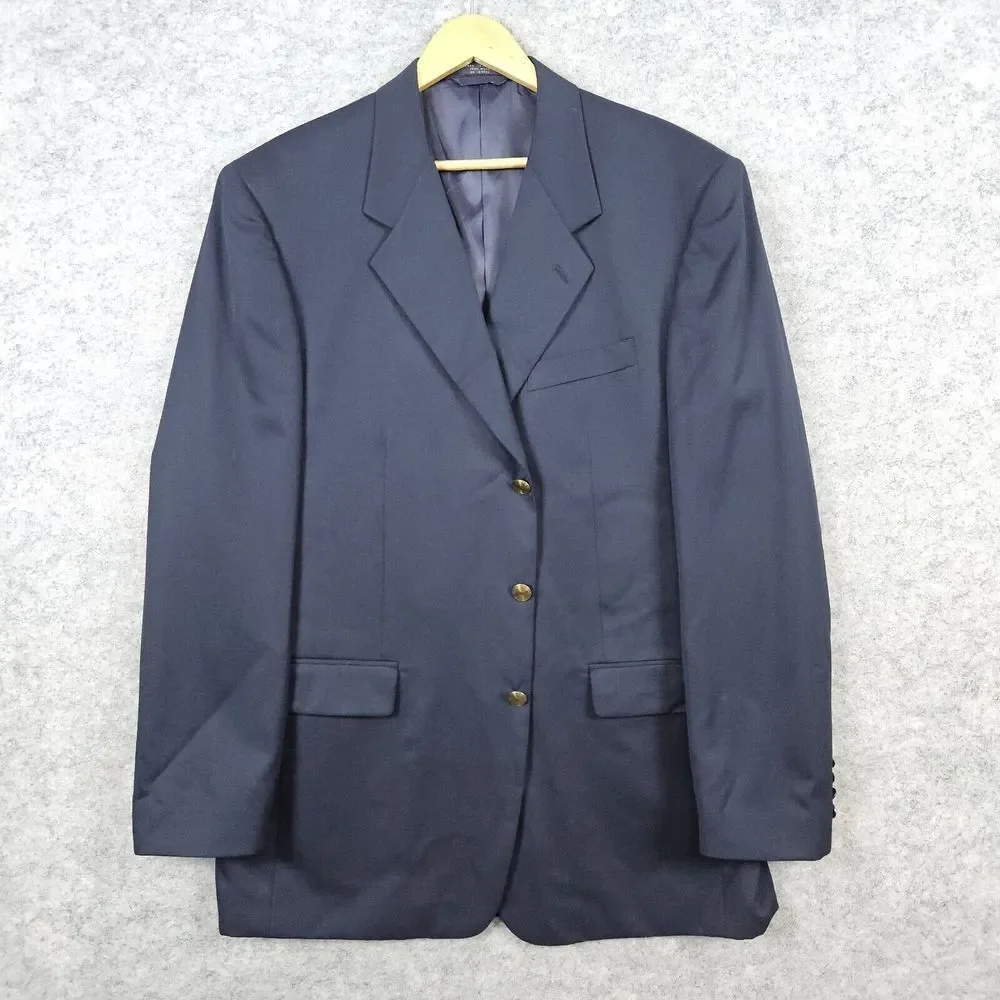 Jones New York Blazer Navy Blue Size 44L 100% Wool Brass 3-Button Ventless SNAGS